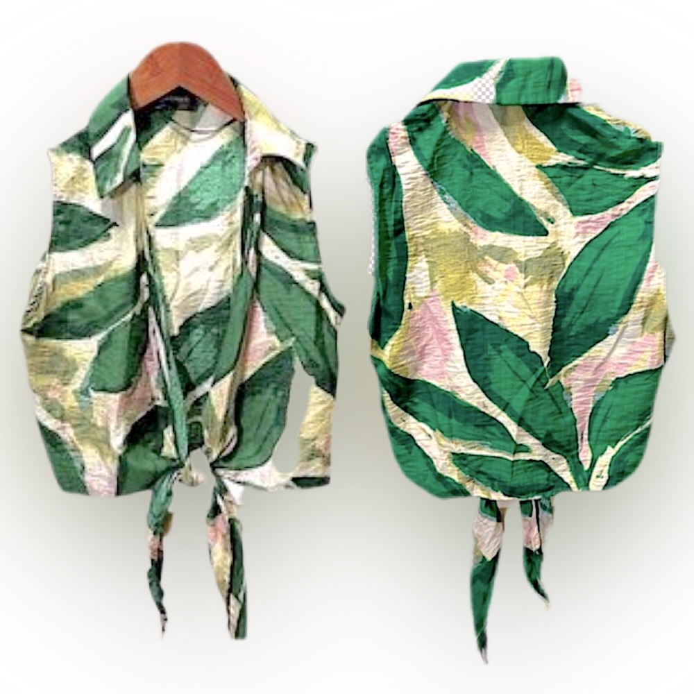 Lulumari Green & White Leaf Pattern Sleeveless Fr… - image 1